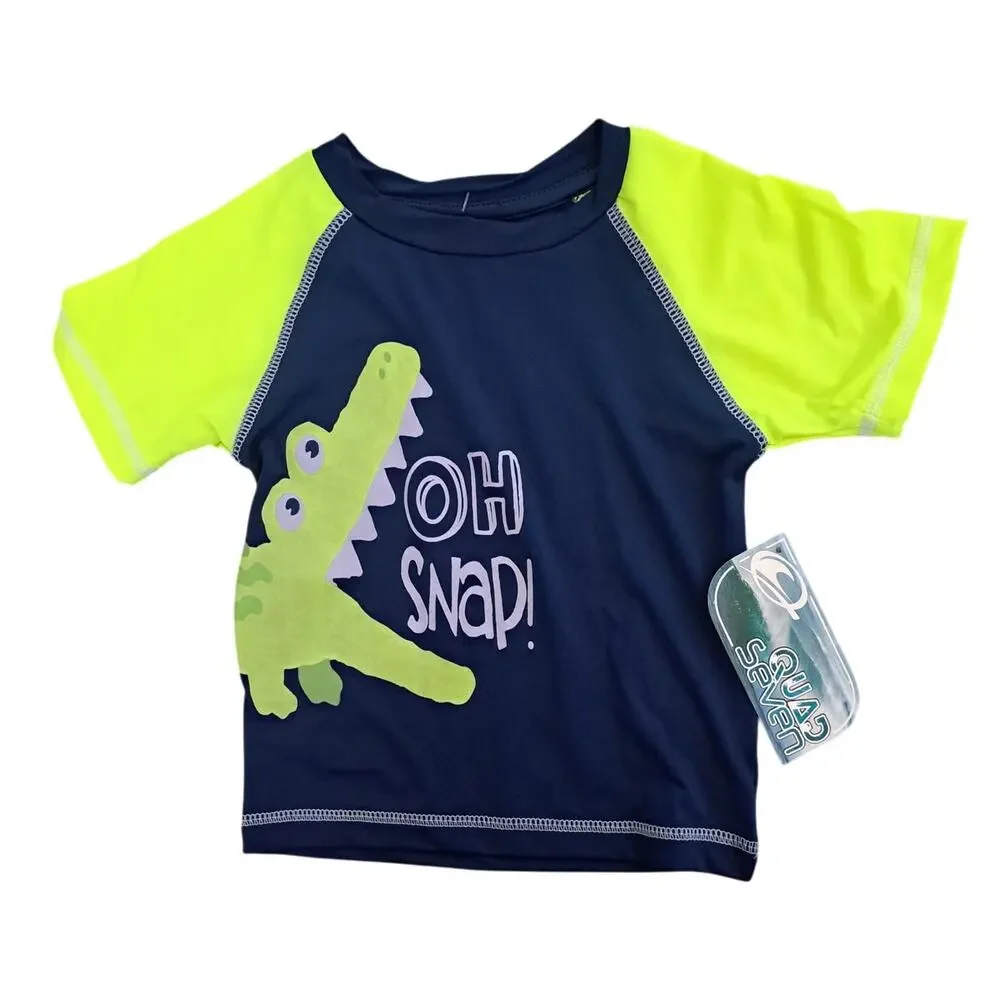 Boy's Navy Neon Yellow Crocodile Two Piece Rash Guard Swim Set 18Months   NWT
